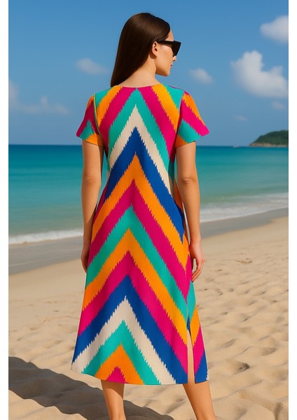 Kadın V Yaka Önden Büzgülü Yarım Kol %100 Viskoz Desenli Spor Şık Büyük Beden Curve Yazlık Elbise modelleri