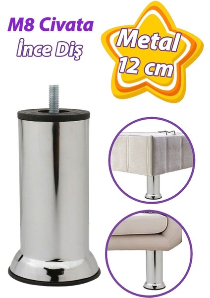 Metal Destek Ayağı 12 cm Krom Mobilya Kanepe Baza Koltuk Ünite Ayakları Metrik 8 Civatalı Ince Diş M