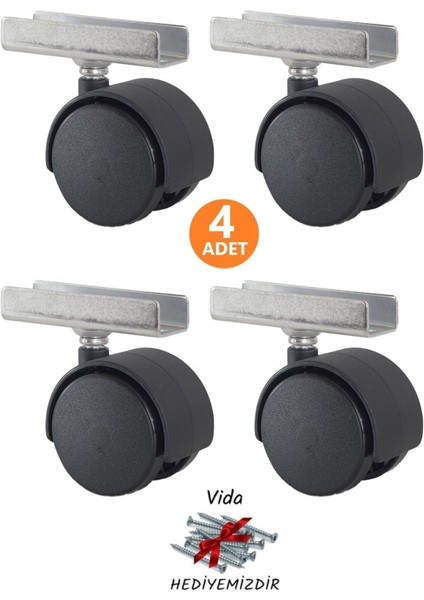 4 Adet U Geçme Döner Tablalı 50'lik Teker Masa Dolap Sehpa Mobilya Tekeri Tekerlekler Gri