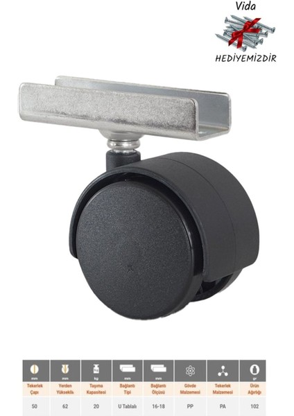 4 Adet U Geçme Döner Tablalı 50'lik Teker Masa Dolap Sehpa Mobilya Tekeri Tekerlekler Gri fiyatları