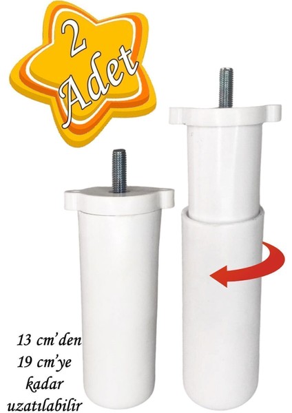 2 Adet Ayarlı Destek Ayağı 13 x 19 cm Beyaz Gizli Ayak M8 Civata Incediş Mobilya Kanepe Baza Koltuk