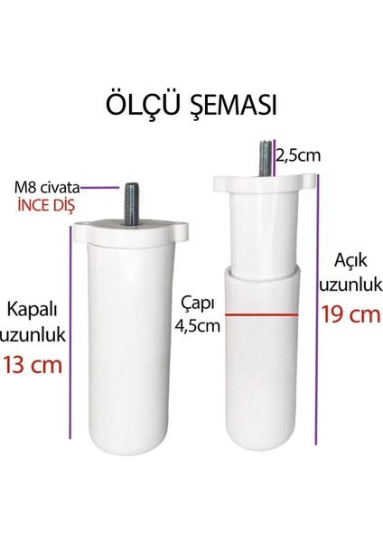 2 Adet Ayarlı Destek Ayağı 13 x 19 cm Beyaz Gizli Ayak M8 Civata Incediş Mobilya Kanepe Baza Koltuk fiyatları