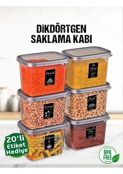 6 Adet 12 Parça 1,2 Litre Dikdörtgen Erzak Bakliyat Saklama Kabı Seti 20 Etiket Hediyeli