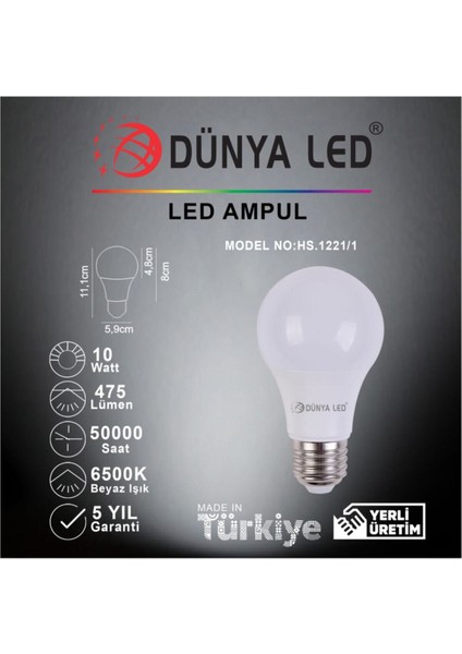 HS.1221/1 10W E27 LED Ampul 6500K Beyaz Işık Beyaz Işık E27 LED Ampul 10 Watt