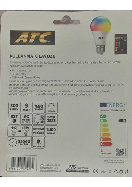 Uzaktan Kumandalı Çok Renkli 9W 6500K+RGB Ampül Tekli Beyaz Işık E27 LED Ampul 9 Watt Var fiyatları