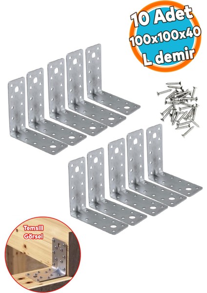 10 Adet Mobilya Dolap Duvar Sabitleme Metal Köşebent 100X100X40 mm Bağlantı Aparatı L Demiri Gönye M