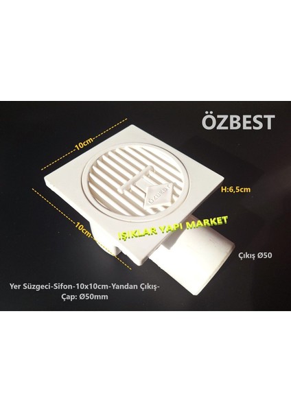 Yer Süzgeci-Sifon-Pis Su Gideri 10X10CM-YANDAN Çıkış-Çap: Ø50MM Gider Süzgeci