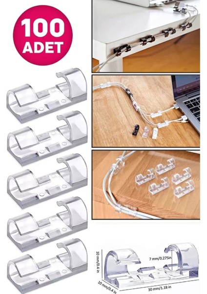 100LÜ Şeffaf Kablo Sabitleyici Düzenleyici Duvar Klipsi Yapışkanlı Kablo Organizer Tutucu Toplayıcı