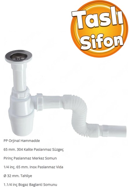 Güçlü 1 Kalite Taslı Lavabo Evye Sifonu Lavabo Evye Gider Borusu Lavabo Sifonu Tr