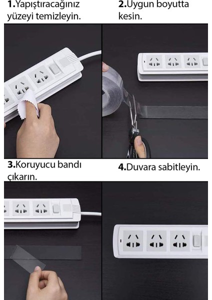 Çift Taraflı Bant 1 Metre Şeffaf Yapışkan Şerit Çok Amaçlı Çerçeve Tablo Priz Asma Yapıştırma Bandı