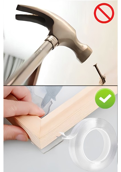 Çift Taraflı Bant 1 Metre Şeffaf Yapışkan Şerit Çok Amaçlı Çerçeve Tablo Priz Asma Yapıştırma Bandı