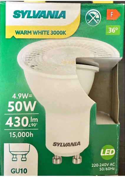 Sylvania 3000 K GU10DUY 4.9 Watt LED Ampul Tekli Sarı Işık GU10 LED Ampul 5 Watt Yok A'dan G'ye F 72