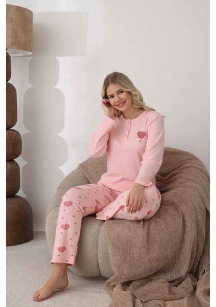 Kadın Pamuk'lu Düğme Yaka Raporlu Interlok Kışlık Pijama Takımı 0112 - 1 Adet