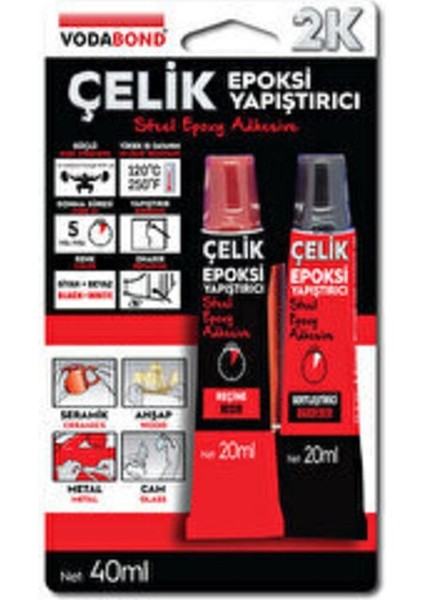 Vodaband 20ML+20ML Çelik Epoksi Yapıştırıcı Siyah+ Beyaz Reçine+