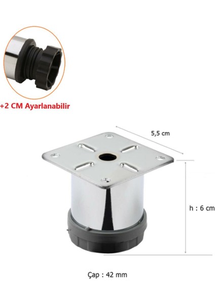 6 cm Metal Mobilya Kanepe Baza Koltuk Metal Destek Ayağı Ayarlanabilir Krom Ayak 42 mm Gri Tekli Kol
