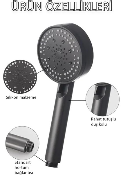 Duş Başlığı Siyah 5 Fonksiyonlu Su Tasarruflu Farklı Modlu El Duşu Duş Sistemleri Banyo Fıskiyesi Du