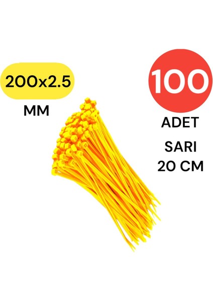 Plastik Kablo Bağı Klipsi Cırt Kelepçe 200 mm x 2.5 mm Sarı 100 Adet