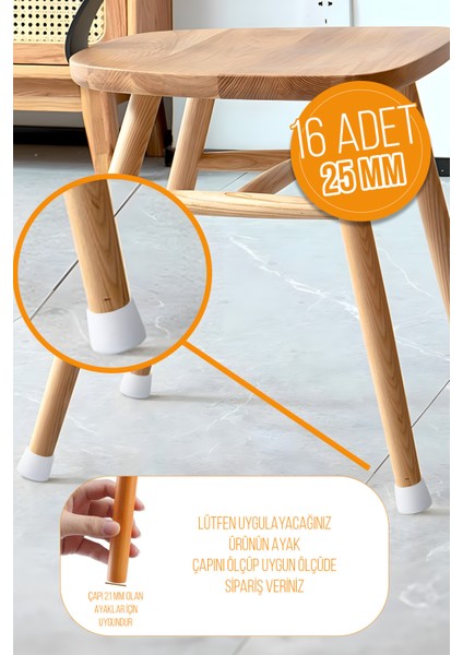 16 Ad 25 mm Beyaz Silikon Masa Sandalye Pabuç Kaydırmaz Koltuk Zemin Koruyucu Çizdirmez Ayak Kılıfı