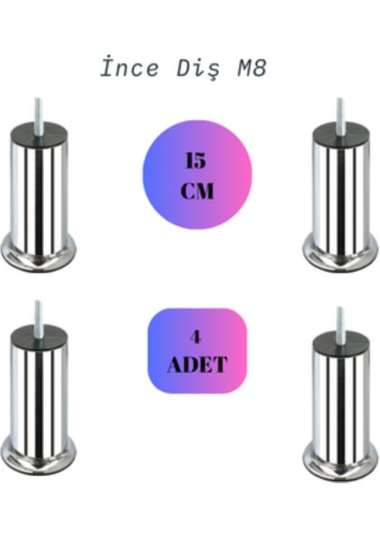 15 cm Mobilya, Kanepe, Koltuk, Baza, Yatak, Çekyat, Yükseltme Ayağı M8 Diş Metal Ayakları (4 Adet) M