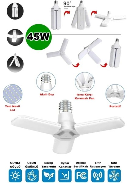 Pervane Şeklinde Katlanabilir-Açısı Ayarlanabilir 40W Beyaz LED Ampul E-27-40W 40 Watt Pervane Tekli
