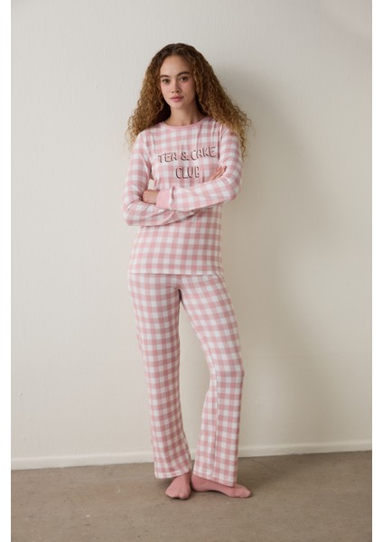 Pembe Tea Club Ekoseli Bisiklet Yaka Pijama Takımı