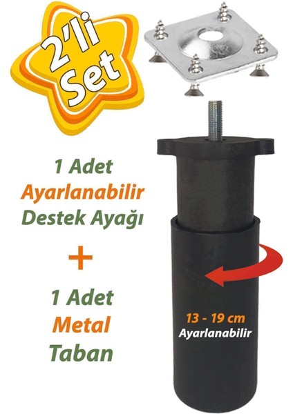 Destek Ayağı 13-19 cm Siyah ve Metal Düz Ayak Tabanı M8 Civatalı Ince Diş Mobilya Kanepe Baza Koltuk
