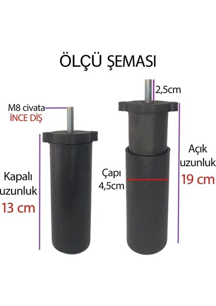 Destek Ayağı 13-19 cm Siyah ve Metal Düz Ayak Tabanı M8 Civatalı Ince Diş Mobilya Kanepe Baza Koltuk modelleri