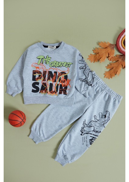 Dinozor Baskılı Erkek Çocuk Sweatshirt Takım