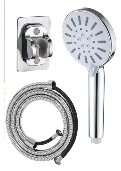 El Duşu Duş Seti 5 Fonksiyonlu El+ Spiral Boru+ Duvara Montaj Aparatı Duş Başlığı Gri Krom