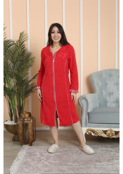 Kadın Kırmızı Uzun Kollu Fermuarlı Havlu Elbise