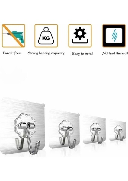 4 Adet 6x6 cm Kendinden Yapışkanlı Şeffaf Güçlü Askı Kapı Duvar Askıları Ağır Yük Taşıma Askısı Gri
