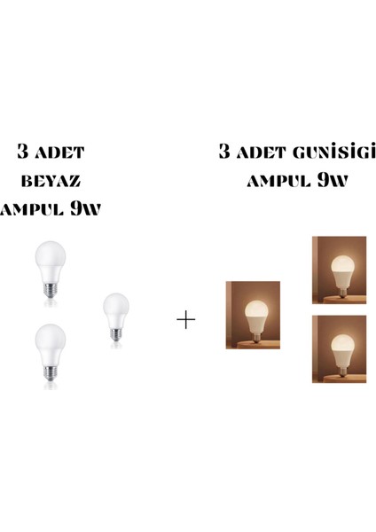 LED Ampul Beyaz+Gunisigi (6 Adet) 6'lı Beyaz Işık E27 LED Ampul 9 Watt Yok