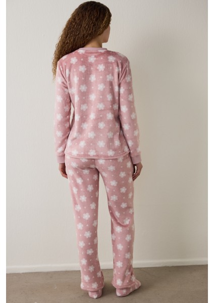 Pembe Pretty Daisies Çiçekli Bisiklet Yaka Uzun Kollu Pijama Takımı