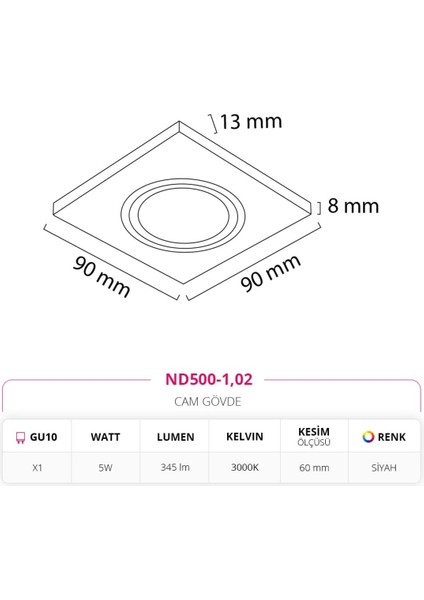 Sıva Altı Cam Spot Siyah Gün Işığı ND500-1 Yok Gün Işığı GU10 5 Watt fiyatları
