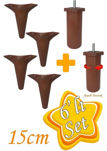 Zelve 6'lı Set Mobilya Ünite Çekyat Koltuk Kanepe Ayarlı M8 Destek Ayağı 15 cm Ceviz Renk Baza Ayak