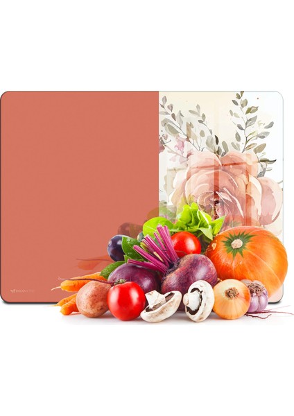 Cam Kesme Tahtası ve Sunumluk ve Sunum Tabağı Vintage Turuncu Gül 30X40 cm