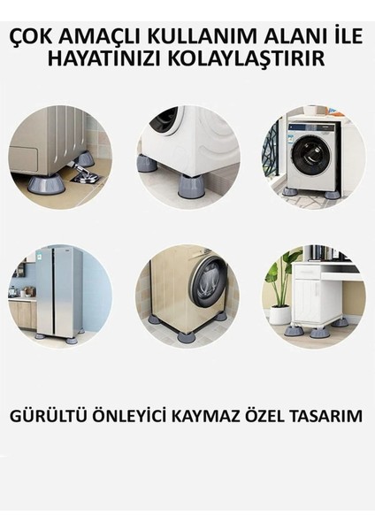 4 Adet Çamaşır Bulaşık Makinası Buzdolabı Yükseltici 4'lü Makine Altlığı Titreşim Önleyici Gri 4'lü