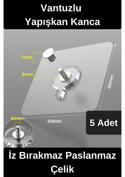 Dayanıklı Yapışkan Kanca Iz Bırakmaz Süper Güçlü Vantuzlu Askı Cam Fayans Seramik Mermer 5 Adet Beya