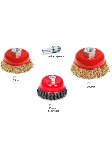 4 Parça Çanak Tel Fırça Set 75MM ve 100MM Saçaklı Çanak Tel F