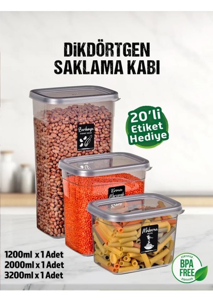 3 Lü Dikdörtgen Erzak Bakliyat Saklama Kabı Seti 1,2-2,0-3,2 Litre 20 Etiket Hediyeli