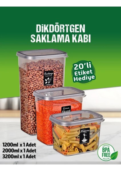 3 Lü Dikdörtgen Erzak Bakliyat Saklama Kabı Seti 1,2-2,0-3,2 Litre 20 Etiket Hediyeli fiyatları