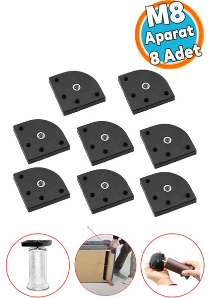 Plastik Bağlantı Aparatı M8 Civatalı Gizli Taban Kanepe Koltuk Baza Sehpa Montaj Ayak Ayağı 8 Adet S