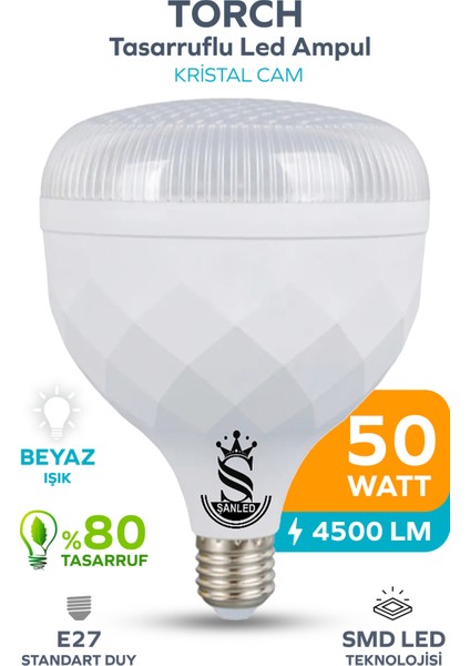 50W Kristal Tasarruflu E27 Beyaz Işık Torch LED Ampul-1-2-4-6-8-10 Adettir Tekli Beyaz Işık E27 LED