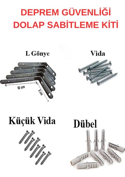 Deprem Güvenliği Seti 5 Adet L Demir Dolap Sabitleme 5 cm * 10 cm Masa Gönye Mobilya Köşe Bağlantı M