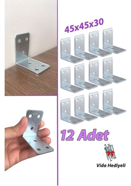 12 Adet Mobilya Eşya Dolap Duvar Sabitleyici Köşe Bağlantı L Demir Gönye Deprem Güvenliği 45X45X30MM