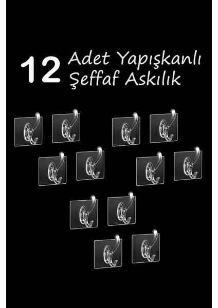 12 Parça Güçlü Yapışkanlı Şeffaf Duvar Askısı Suya Dayanıklı Banyo Mutfak Düzenleyici Pratik Askılık