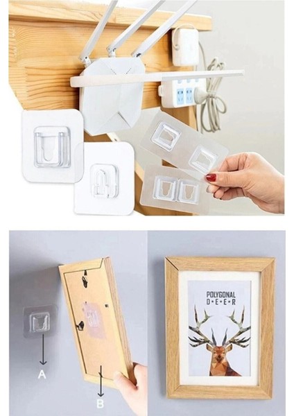 5 Li Set- Çift Taraflı Yapışkanlı Geçmeli Klips Eşya Sabitleme Askısı Şeffaf Duvar Kancası