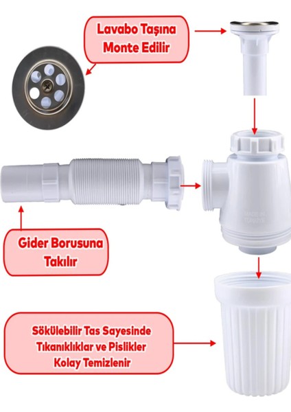 Lavabo Sifonu Körüklü Sökülebilir Tas'lı Mutfak Banyo Evye Pis Su Gideri Borusu Plastik 38 Cm. Gider modelleri