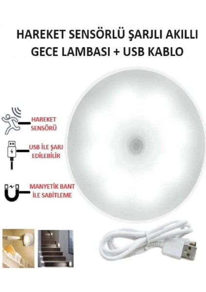 1 Adet 8 LED Hareket Sensörlü Beyaz Işık USB Şarjlı Mıknatıslı Merdiven Oda Dolap Işığı Gece Lambası