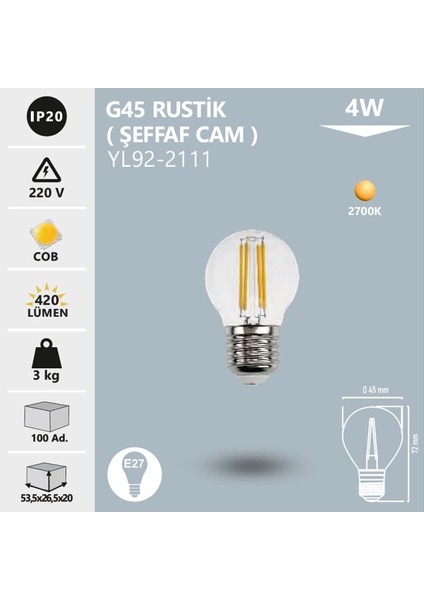 LED Rustik Ampul G45 4W 2700K Gün Işığı Noas YL92-2111 Tekli Sarı Işık E27 Rustik Ampul 4 Watt Yok A modelleri